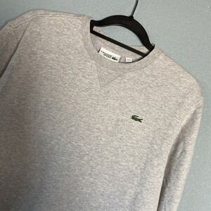 Lacoste Sport Mens L (5) Pullover Sweatshirt Grey Lined Reg Fit Crew Neck Logo